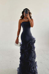 Blue Mermaid Prom Dress Sleeveless Strapless Ruffled Organza Formal Dress