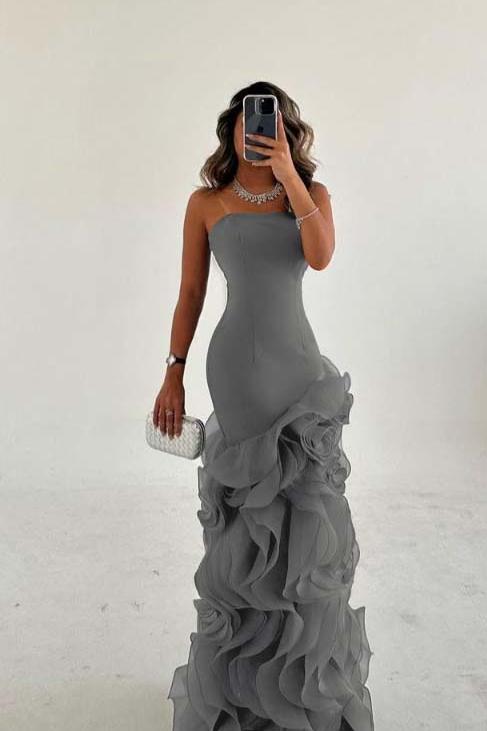 Blue Mermaid Prom Dress Sleeveless Strapless Ruffled Organza Formal Dress