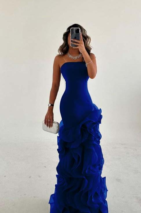 Blue Mermaid Prom Dress Sleeveless Strapless Ruffled Organza Formal Dress