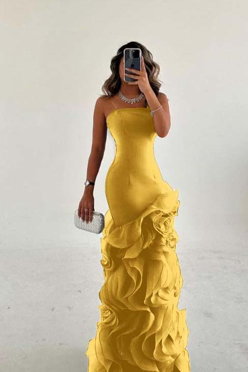 Blue Mermaid Prom Dress Sleeveless Strapless Ruffled Organza Formal Dress