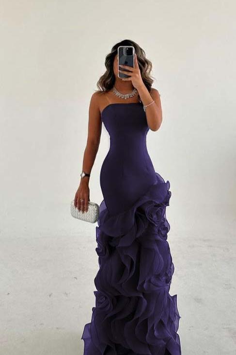 Blue Mermaid Prom Dress Sleeveless Strapless Ruffled Organza Formal Dress