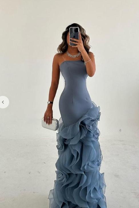 Blue Mermaid Prom Dress Sleeveless Strapless Ruffled Organza Formal Dress