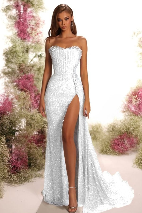 Blue Mermaid Prom Dress Sleeveless Strapless Sequined Formal Dress