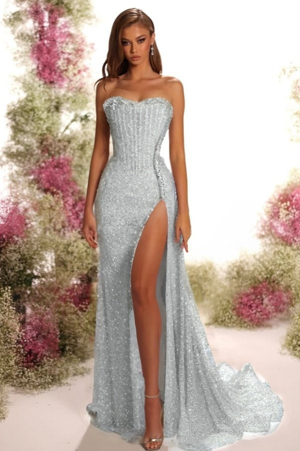 Blue Mermaid Prom Dress Sleeveless Strapless Sequined Formal Dress