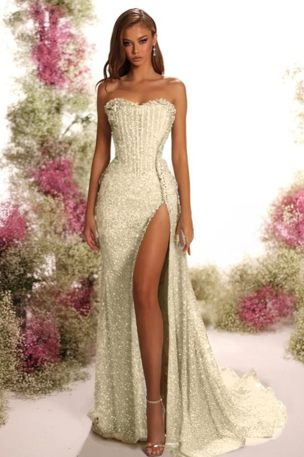 Blue Mermaid Prom Dress Sleeveless Strapless Sequined Formal Dress