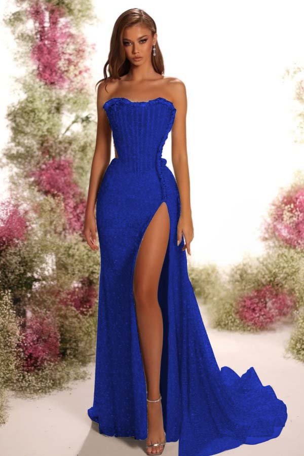 Blue Mermaid Prom Dress Sleeveless Strapless Sequined Formal Dress