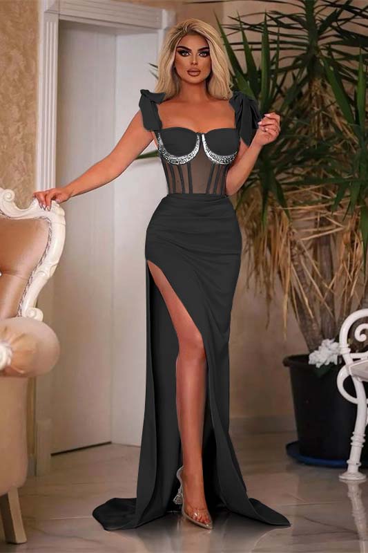 Blue Mermaid Prom Dress Sleeveless Straps Beaded Formal Dress