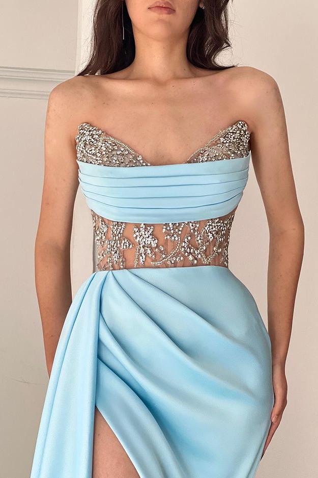 Blue Mermaid Prom Dress Sleeveless Sweetheart Beaded Formal Dress