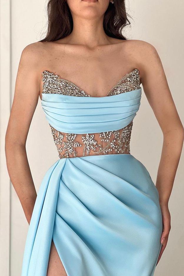 Blue Mermaid Prom Dress Sleeveless Sweetheart Beaded Formal Dress