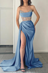 Blue Mermaid Prom Dress Sleeveless Sweetheart Beaded Formal Dress