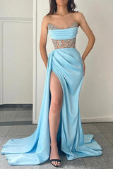 Blue Mermaid Prom Dress Sleeveless Sweetheart Beaded Formal Dress