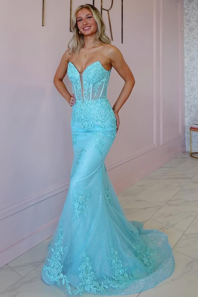 Blue Mermaid Prom Dress Sleeveless Sweetheart Formal Dress With Lace Appliques