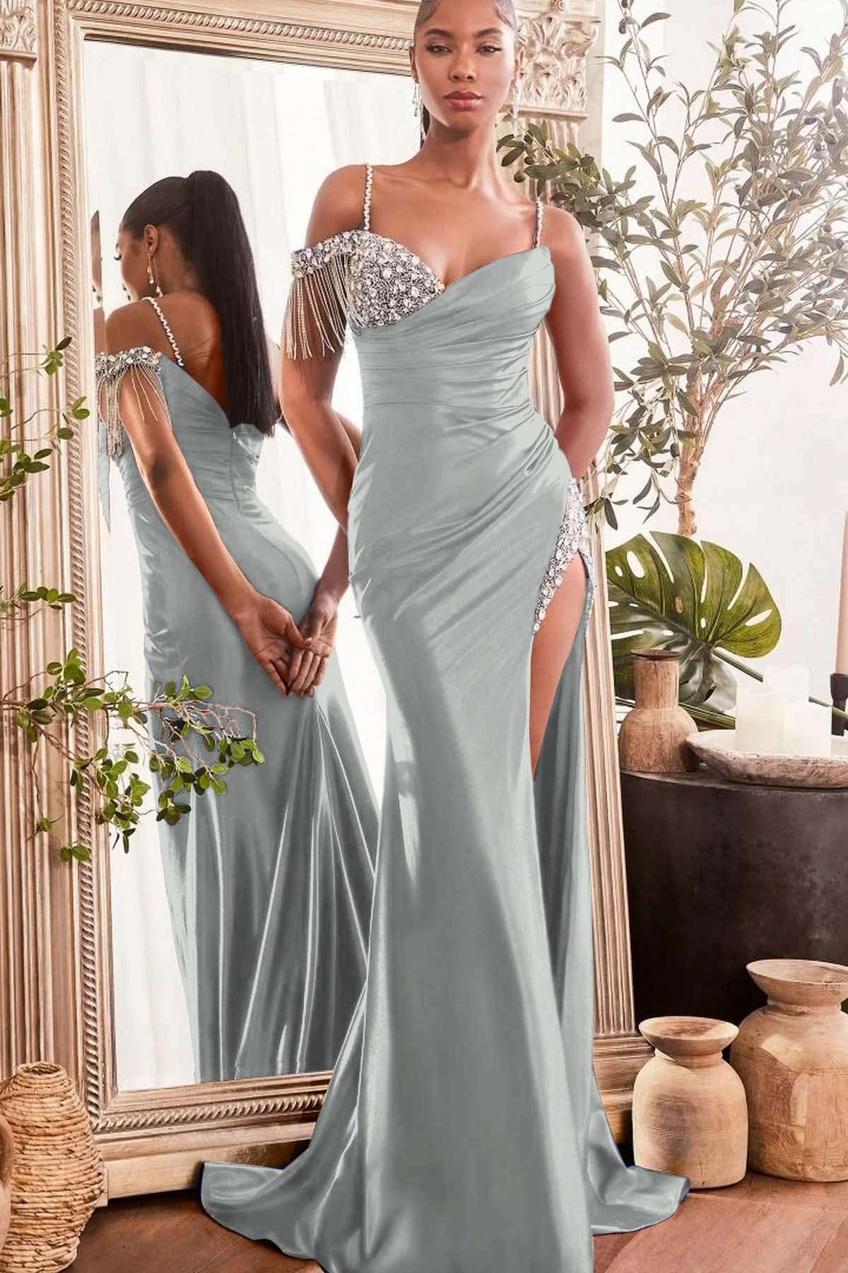 Blue Mermaid Prom Dress Spaghetti Straps Beaded Formal Dress