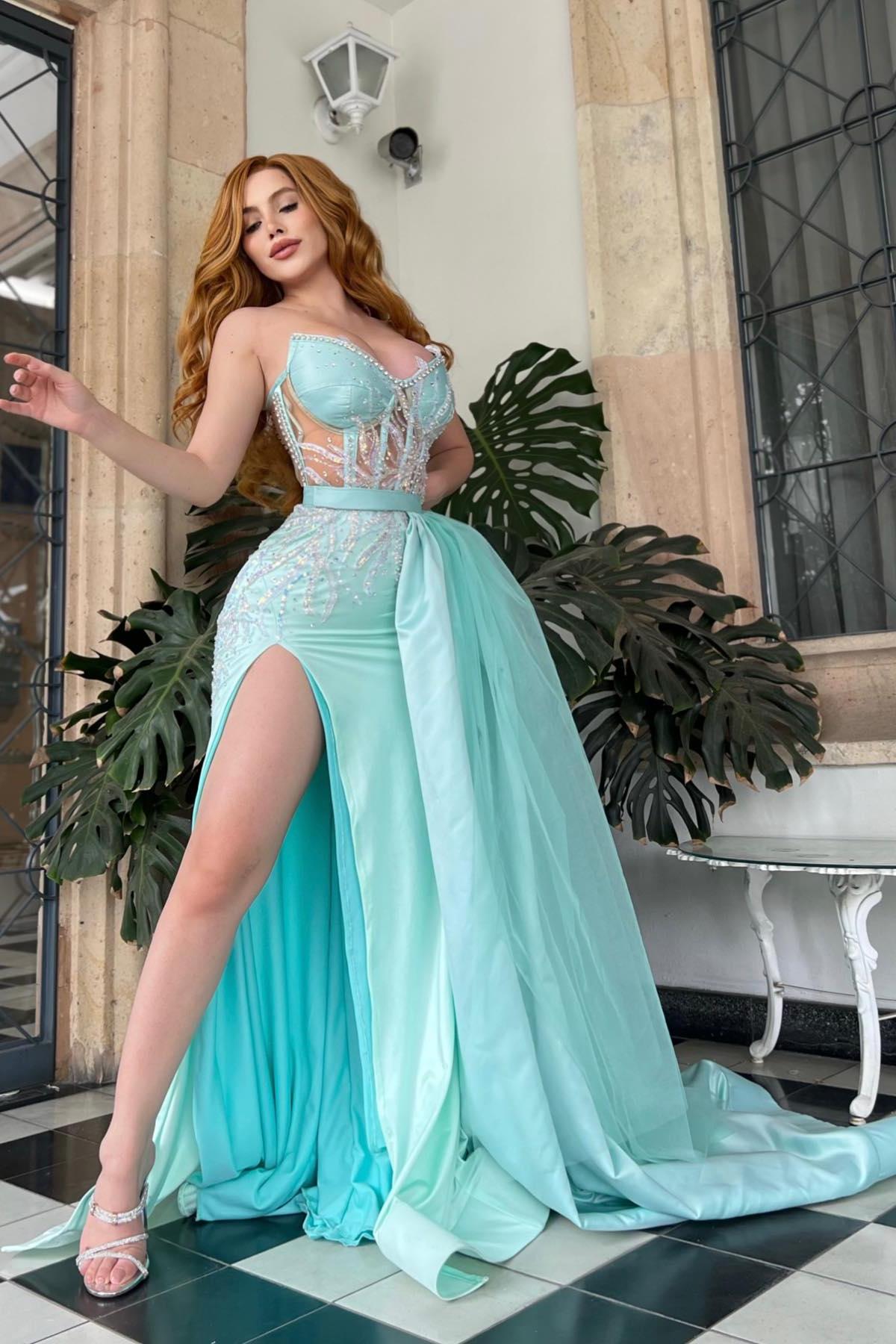 Blue Mermaid Prom Dress Sweetheart Sleeveless Beaded Formal Dress