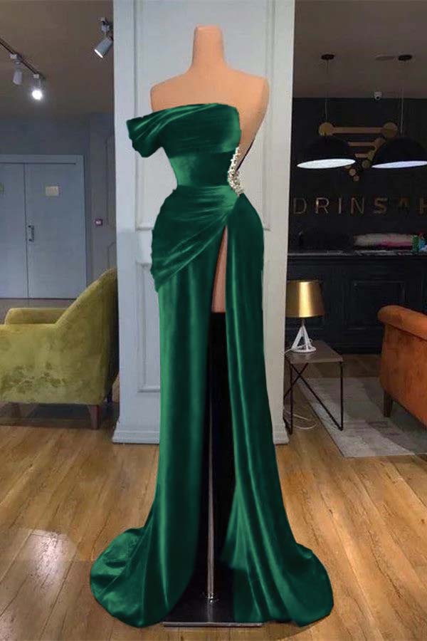 Blue Mermaid Velvet Dress One Shoulder Beaded Formal Dress