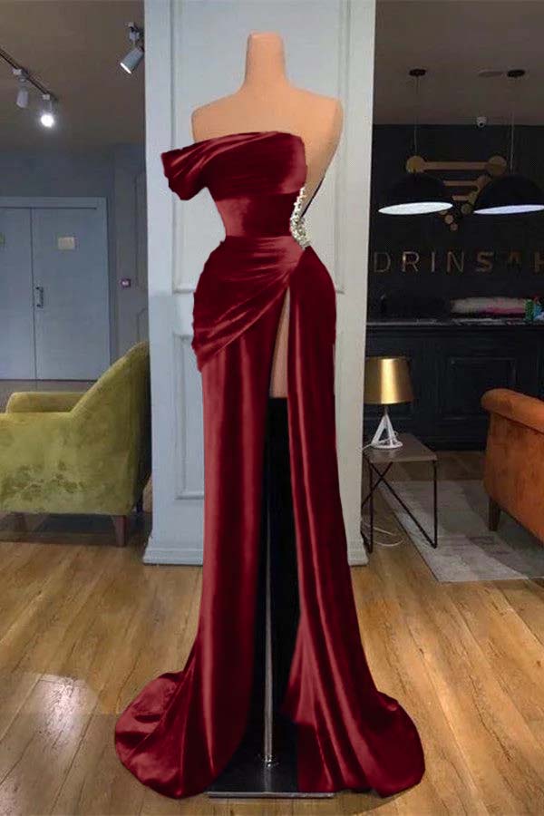 Blue Mermaid Velvet Dress One Shoulder Beaded Formal Dress