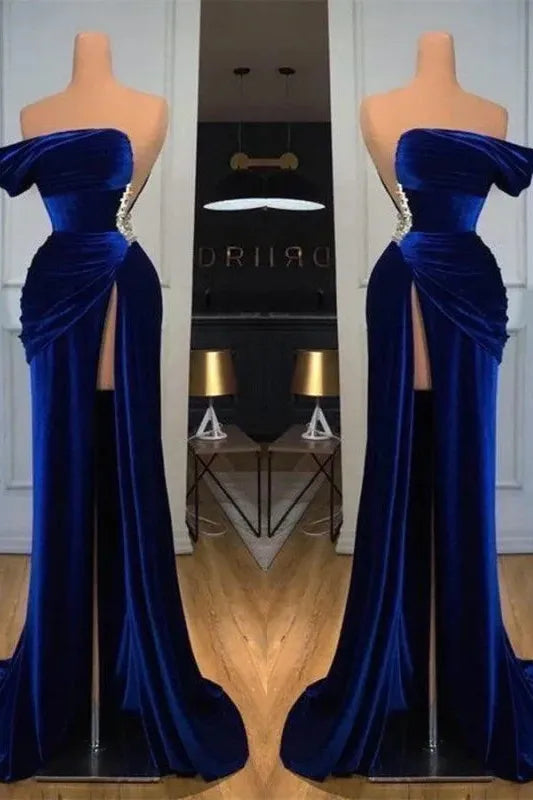 Blue Mermaid Velvet Dress One Shoulder Beaded Formal Dress