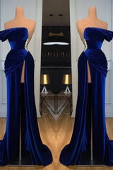 Blue Mermaid Velvet Dress One Shoulder Beaded Formal Dress