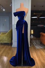 Blue Mermaid Velvet Dress One Shoulder Beaded Formal Dress