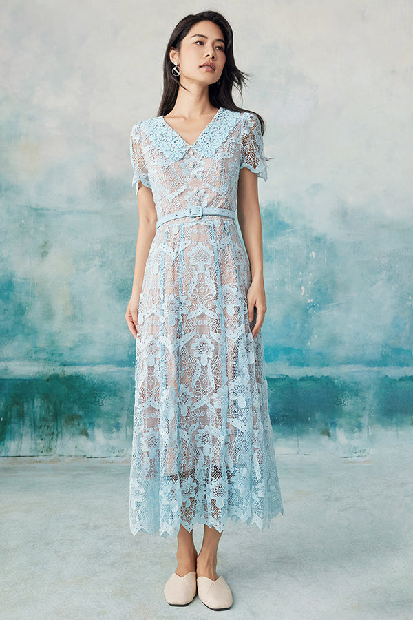 Blue Midi Lace A Line Casual Summer Holiday Dress