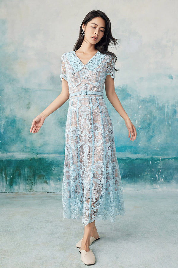 Blue Midi Lace A Line Casual Summer Holiday Dress
