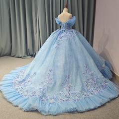 Blue Off the Shoulder Corset Ball Gown Quinceanera Dress