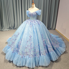 Blue Off the Shoulder Corset Ball Gown Quinceanera Dress