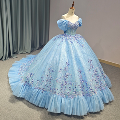 Blue Off the Shoulder Corset Ball Gown Quinceanera Dress