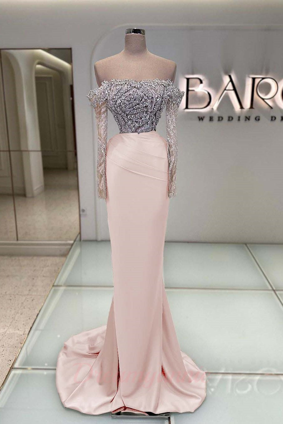 Blue Off the Shoulder Prom Dress Long Sleeve Mermaid Formal Dress With Beadings