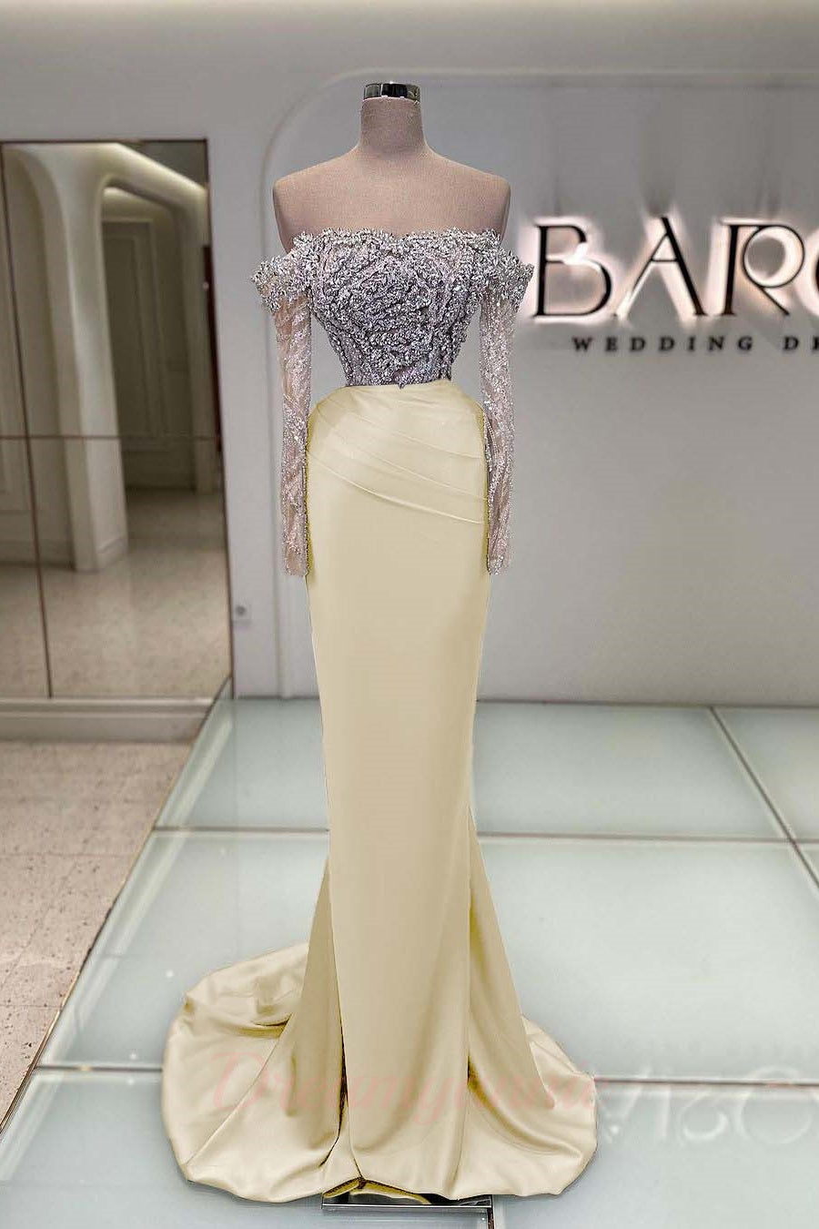 Blue Off the Shoulder Prom Dress Long Sleeve Mermaid Formal Dress With Beadings