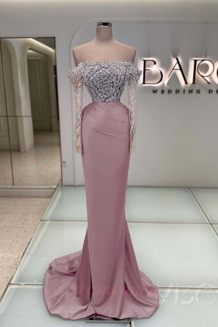 Blue Off the Shoulder Prom Dress Long Sleeve Mermaid Formal Dress With Beadings