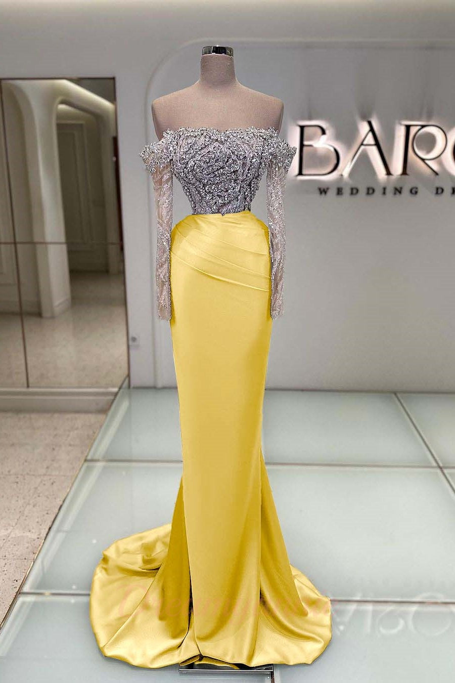 Blue Off the Shoulder Prom Dress Long Sleeve Mermaid Formal Dress With Beadings