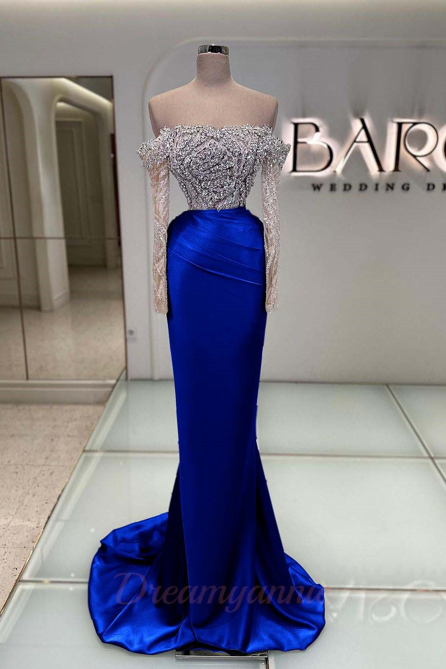 Blue Off the Shoulder Prom Dress Long Sleeve Mermaid Formal Dress With Beadings