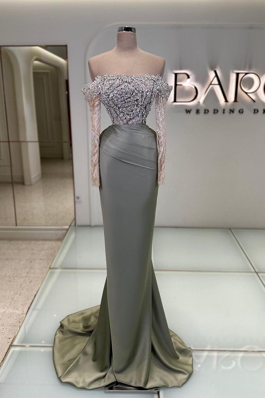 Blue Off the Shoulder Prom Dress Long Sleeve Mermaid Formal Dress With Beadings