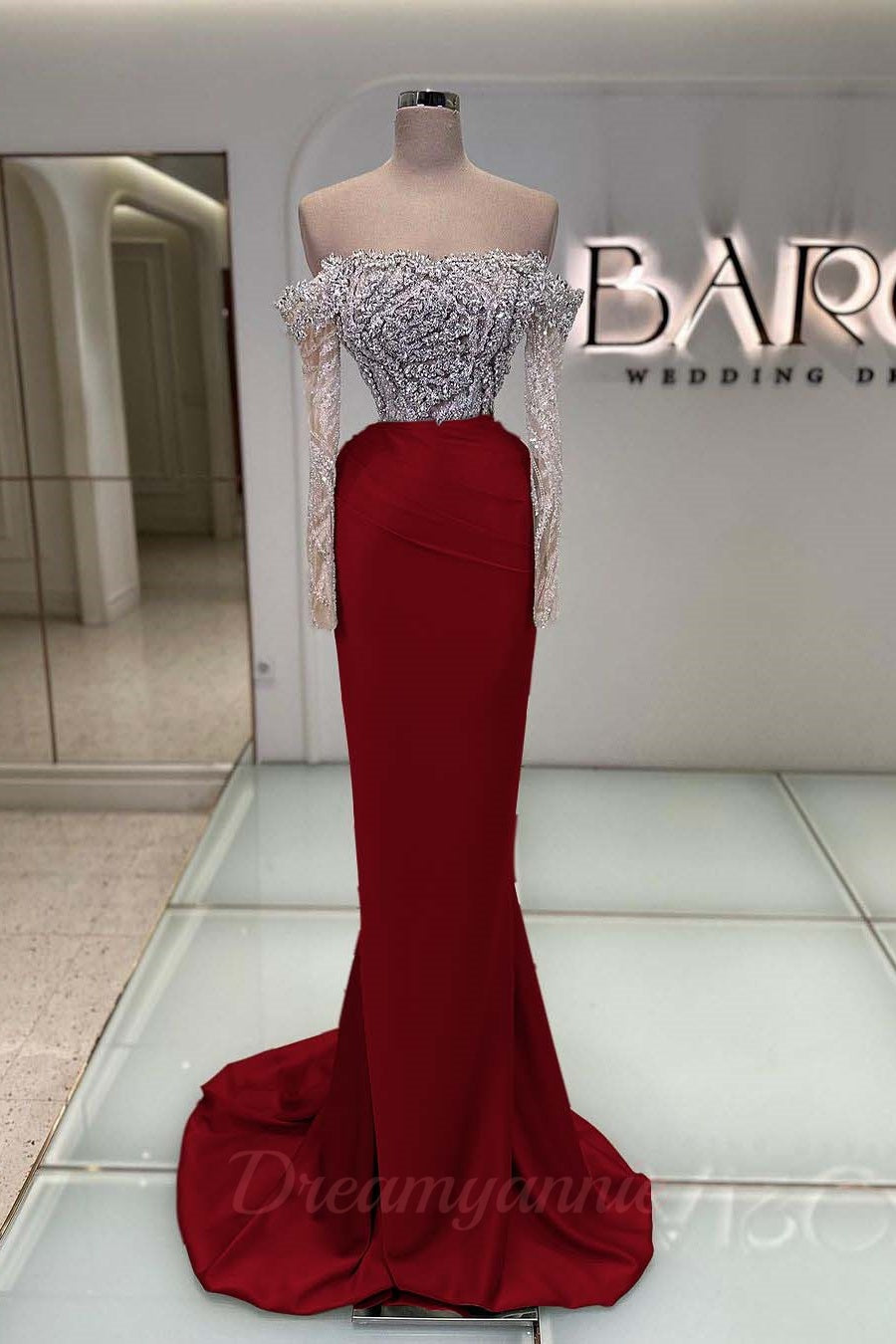 Blue Off the Shoulder Prom Dress Long Sleeve Mermaid Formal Dress With Beadings