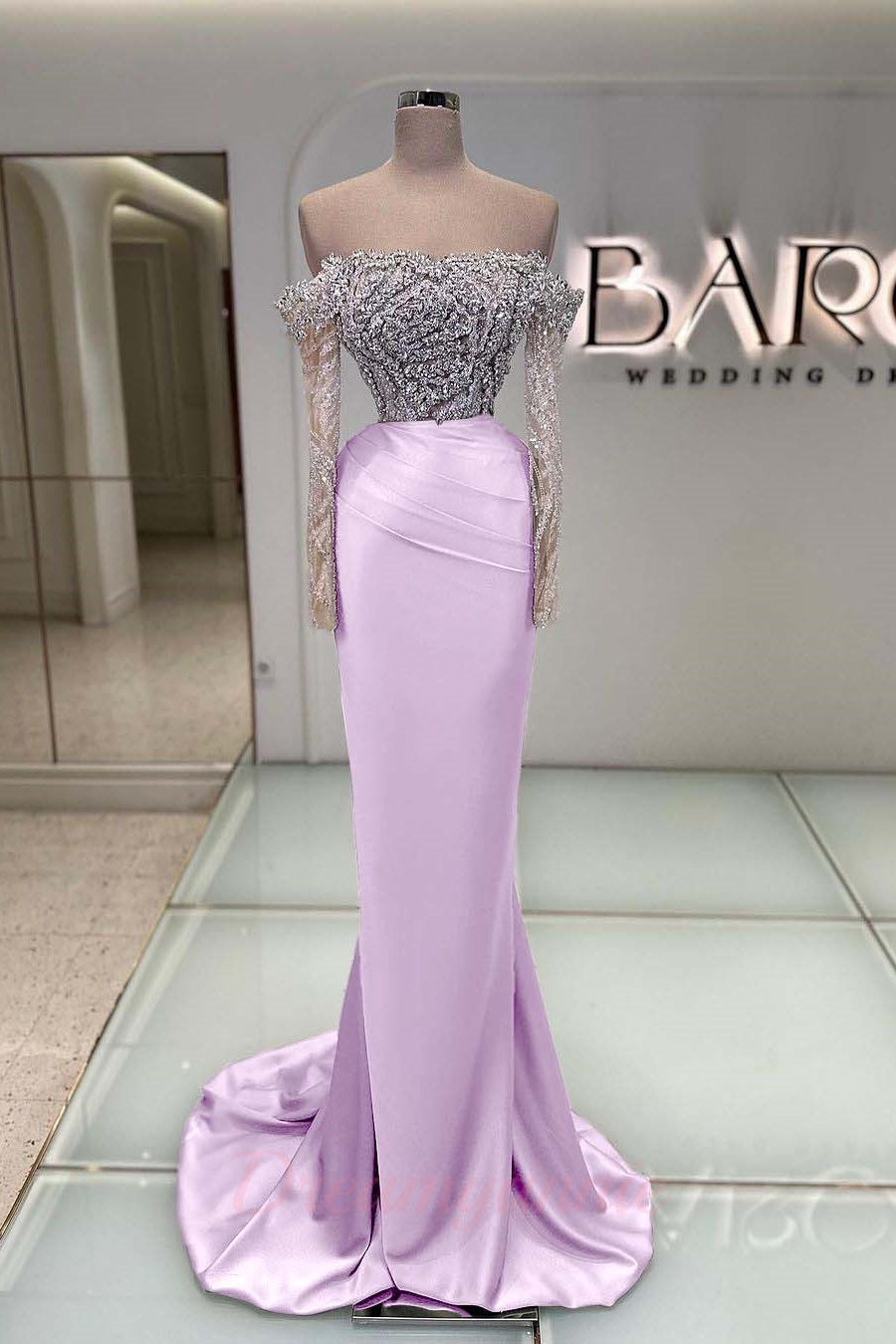 Blue Off the Shoulder Prom Dress Long Sleeve Mermaid Formal Dress With Beadings