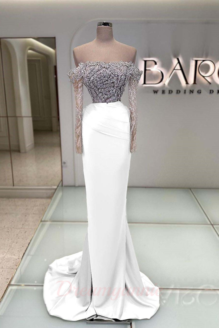 Blue Off the Shoulder Prom Dress Long Sleeve Mermaid Formal Dress With Beadings