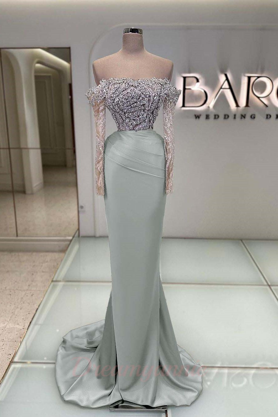 Blue Off the Shoulder Prom Dress Long Sleeve Mermaid Formal Dress With Beadings