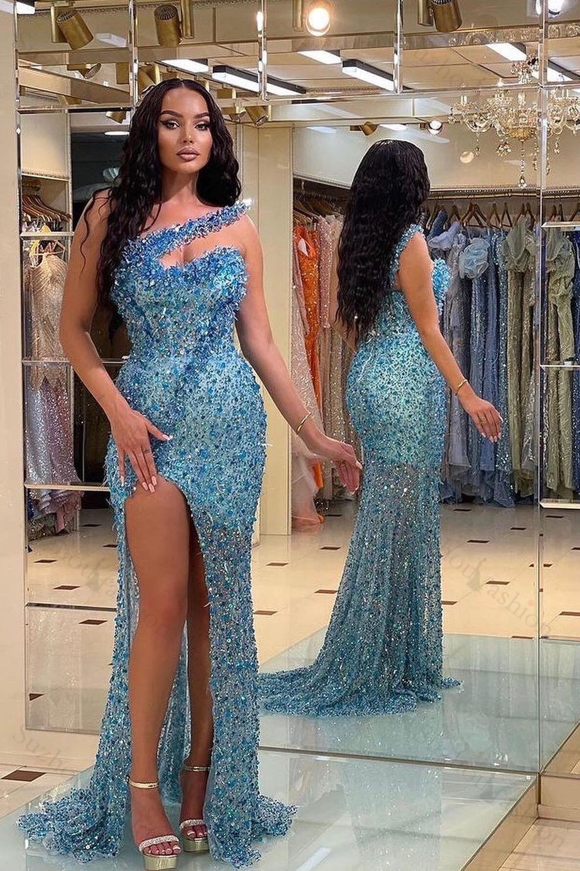 Blue One Shoulder Mermaid Prom Dress Sleeveless Sequined Formal Dress