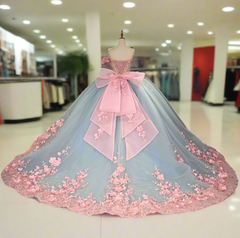 Blue Pink Quinceanera Dress Ball Gown Sweet 16 Dress with 3D flowers