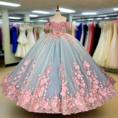 Blue Pink Quinceanera Dress Ball Gown Sweet 16 Dress with 3D flowers
