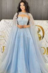 Blue Prom Dress A Line Strapless Sequined Sleeveless Floor Length Tulle Formal Dress With Cloak