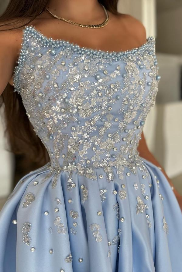 Blue Prom Dress A Line Strapless Sleeveless Sequined Beaded Satin Formal Dress With Rhinestones And Pearls