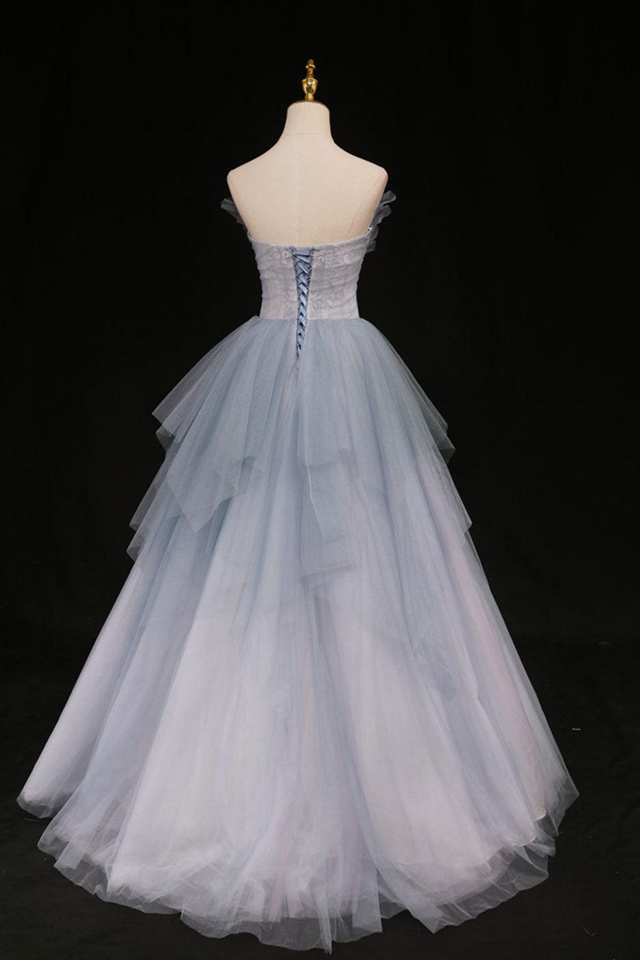 Blue Prom Dress A Line Sweetheart Neck Tulle Long Formal Evening Dress