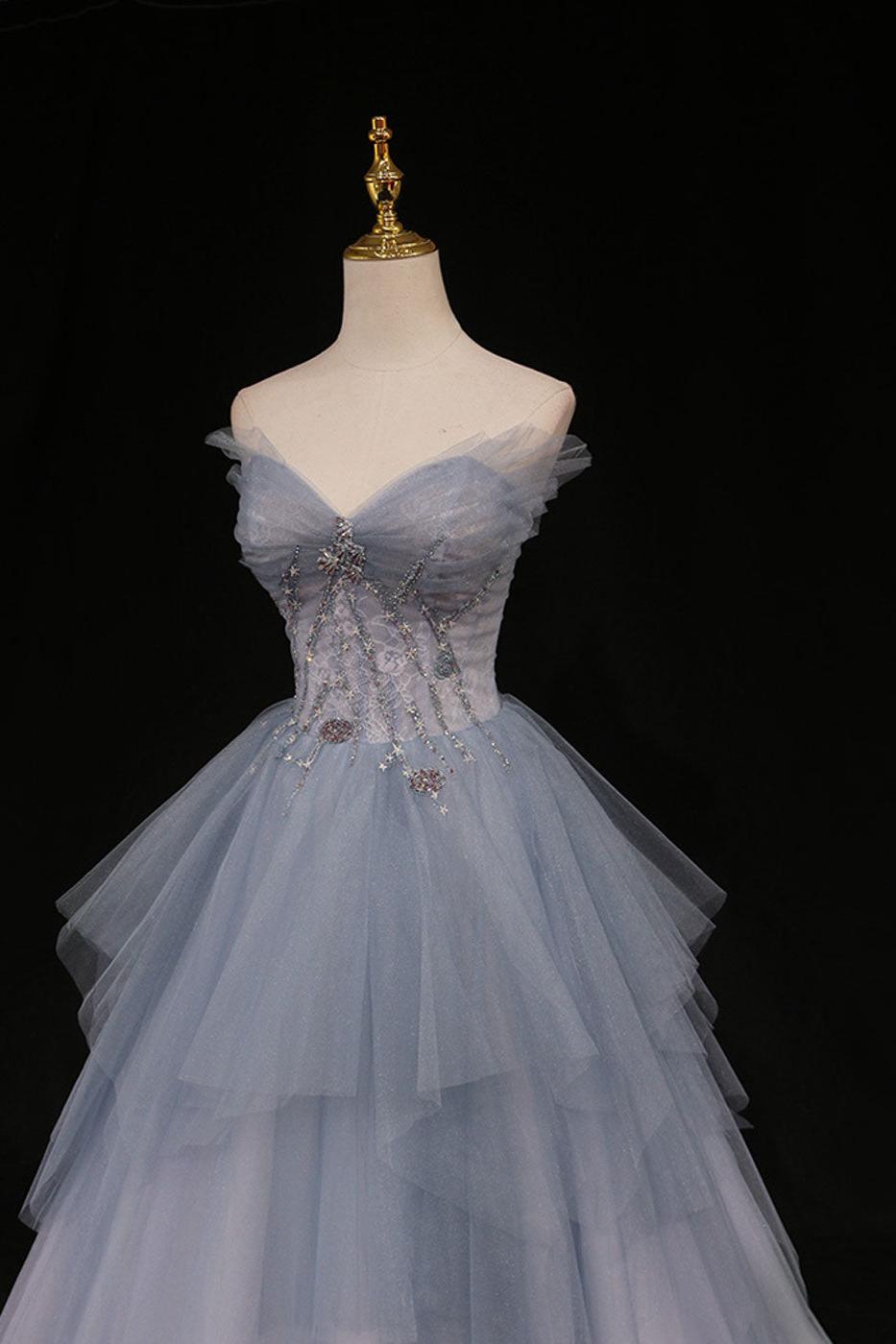 Blue Prom Dress A Line Sweetheart Neck Tulle Long Formal Evening Dress