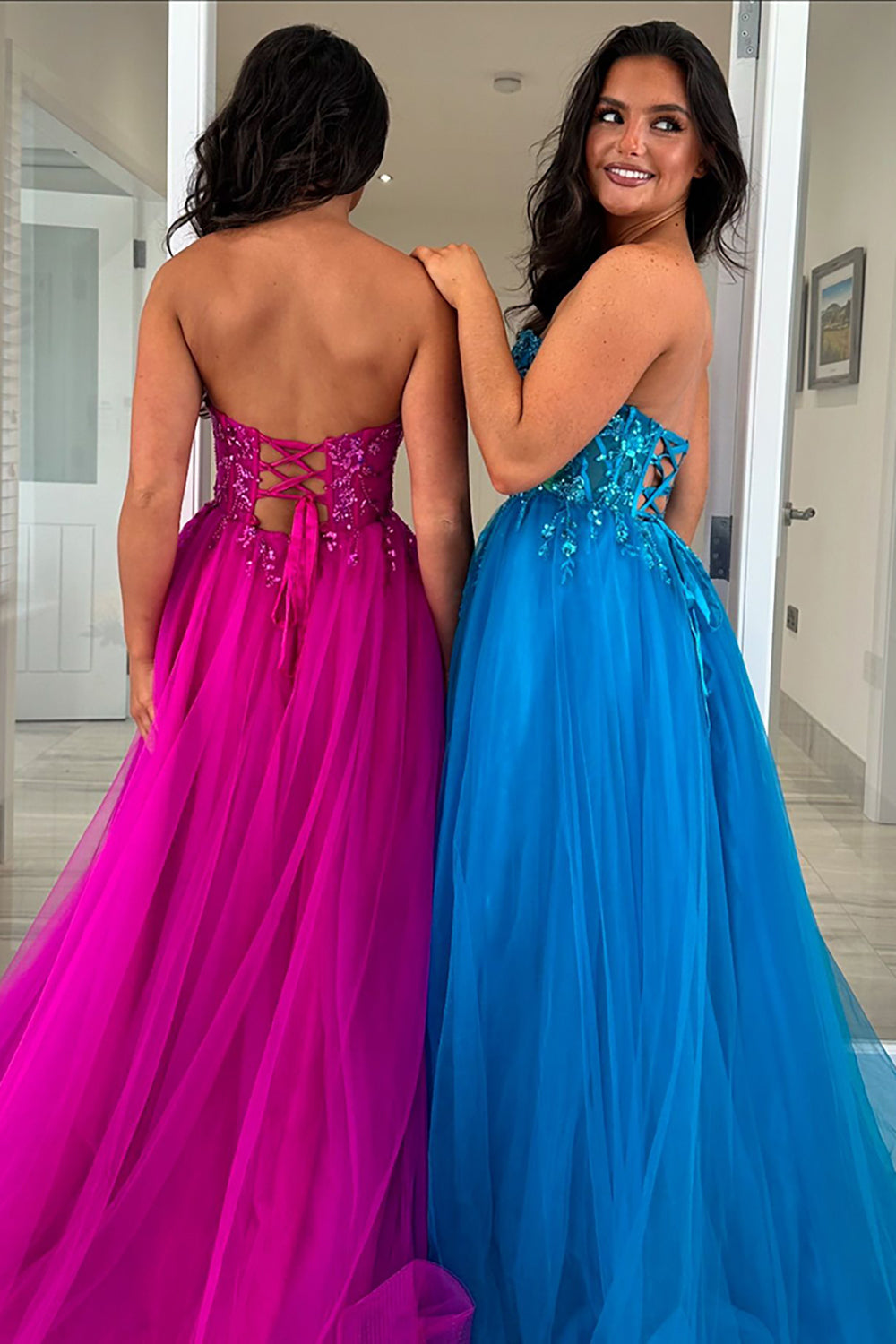Blue Prom Dress Appliques A-Line Sweetheart Corset Long Formal Dress