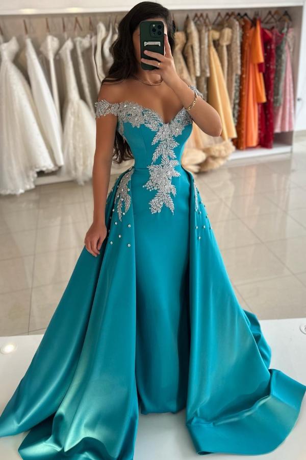 Blue Prom Dress Column V Neck Off The Shoulder Sleeveless Beaded Panel Train Satin Formal Dress