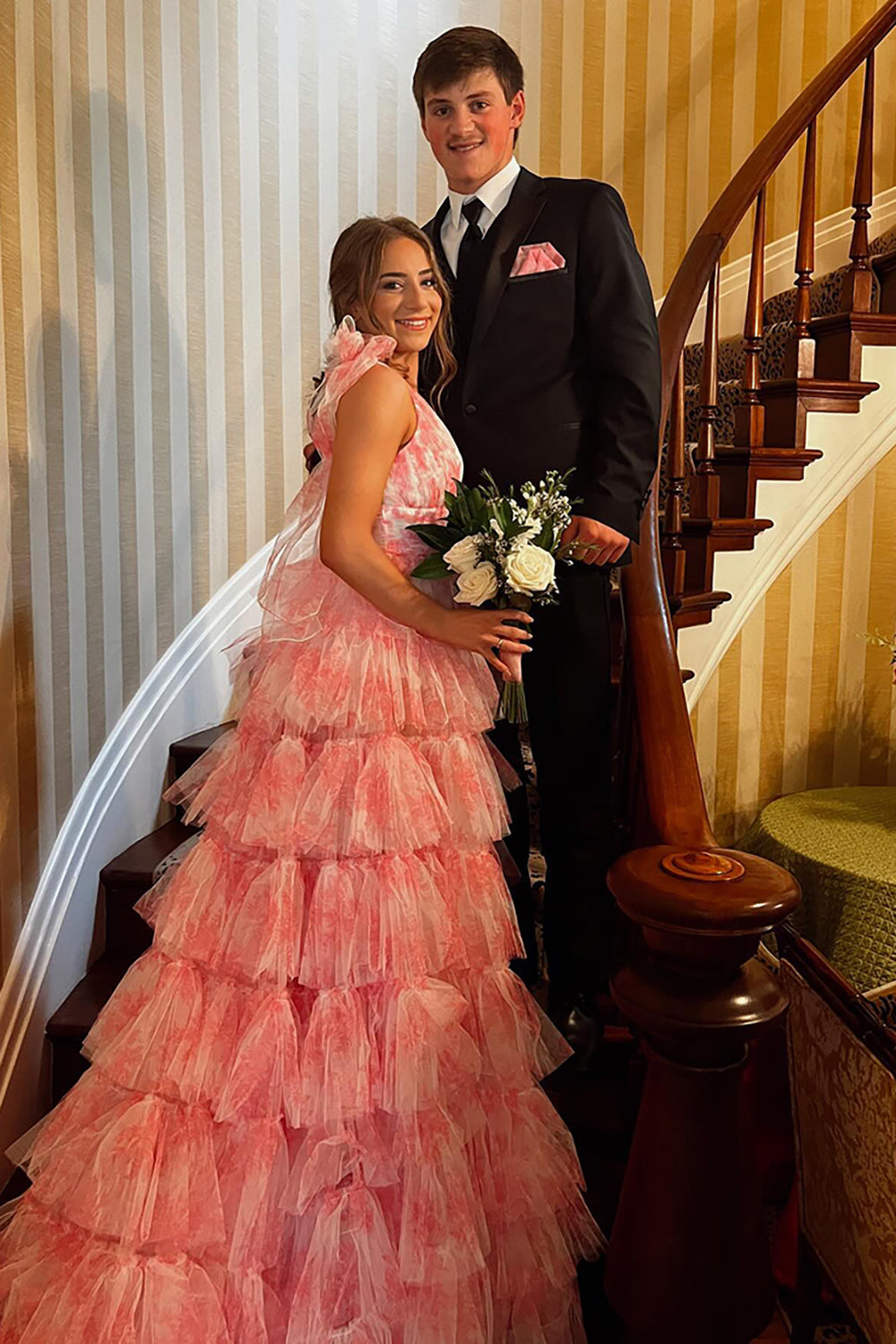 Blue Prom Dress Floral A-Line Tiered Tie-Strap Formal Dress With Slit