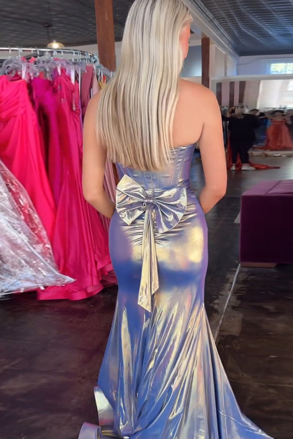 Blue Prom Dress Gold Prom Dress Corset Metallic Formal Dress With Slit