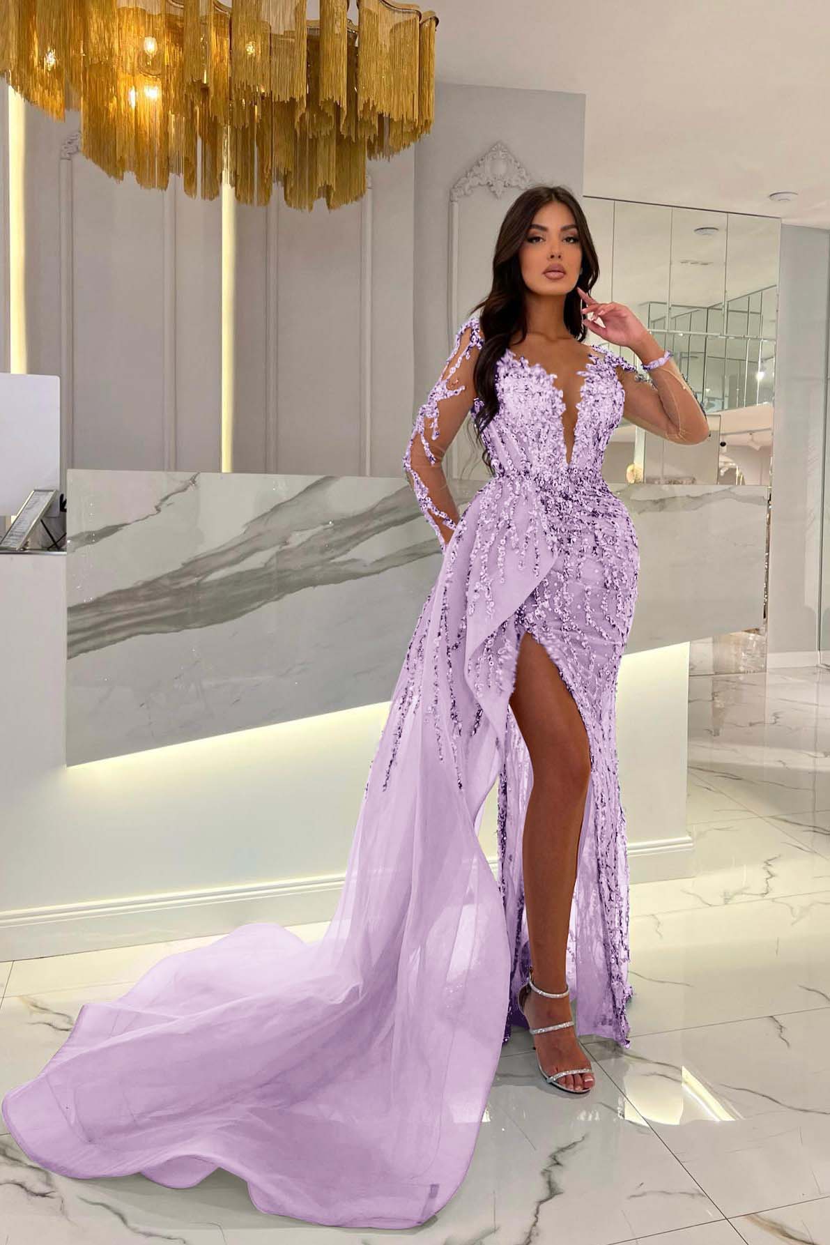 Blue Prom Dress Long Sleeve Mermaid Beaded Formal Dress